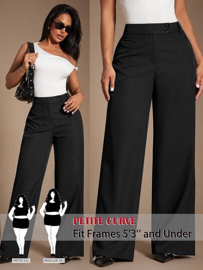 SHEIN PETITE CURVE Plus Size Women's Solid Color High Waist Button Design Casual Wide Leg Pants Fall