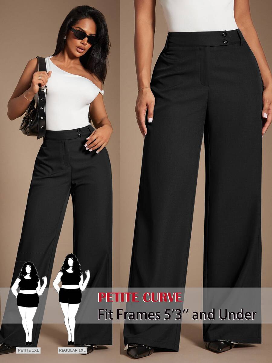 SHEIN PETITE CURVE 大尺碼女款純色高腰鈕扣設計休閒寬腿長褲 秋季 - 黑色 - 查看 1