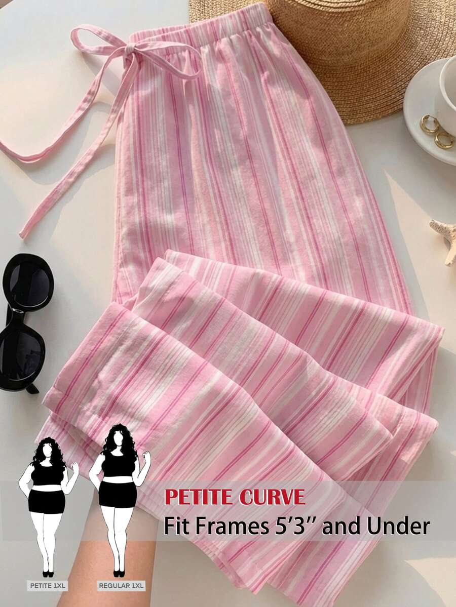 SHEIN PETITE CURVE Plus Size Women's Drawstring Waist Striped Casual Sexy Versatile Daily Wear Long Pants Summer Home Wear Vacation Pink - Pink - View 1