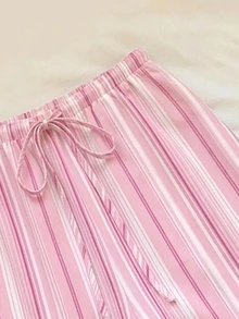 SHEIN PETITE CURVE Plus Size Women's Drawstring Waist Striped Casual Sexy Versatile Daily Wear Long Pants Summer Home Wear Vacation Pink - Pink - View 5