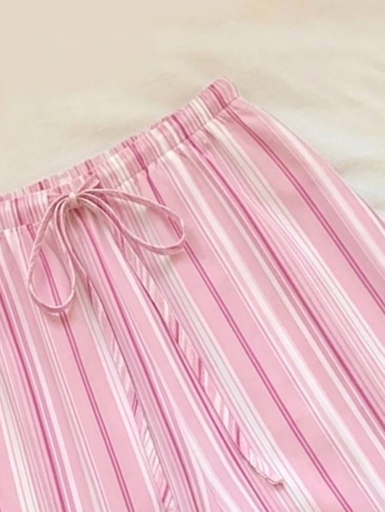 SHEIN PETITE CURVE Plus Size Women's Drawstring Waist Striped Casual Versatile Daily Wear Long Pants Fall - Pink - View 5