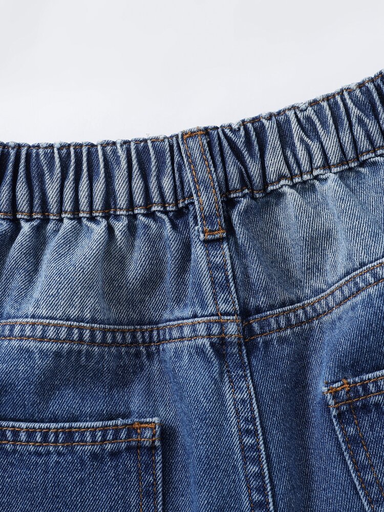 SHEIN 新款女款寬腿牛仔褲，復古做舊水洗牛仔，Y2K學院風街頭休閒可愛復古風，舒適棉質牛仔面料，藍色牛仔褲，適合四季穿著，時尚女款粉色蝴蝶結刺繡寬鬆寬腿牛仔褲，彈性腰頭設計，返校季 - 深色水洗藍 - 查看 8
