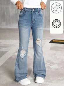 SHEIN 女童清新時尚復古街頭風休閒水洗牛仔褲，破洞喇叭褲，淺藍色，秋季冬季返校校園風 - 淺色水洗藍 - 查看 4