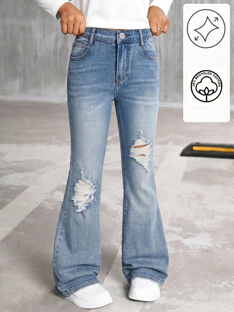 SHEIN Girls' Refreshing Fashionable Vintage Casual Washed Denim Jeans, Distressed Flare Pants Street Style Back-To-School School Light Blue Summer - Light Wash - View 3