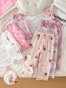 女童甜美仙女公主生日款柔軟加厚毛絨蝴蝶結波點櫻桃愛心花朵白色粉色藍色櫻桃印花睡褲 秋季 - 彩色 - 查看 8