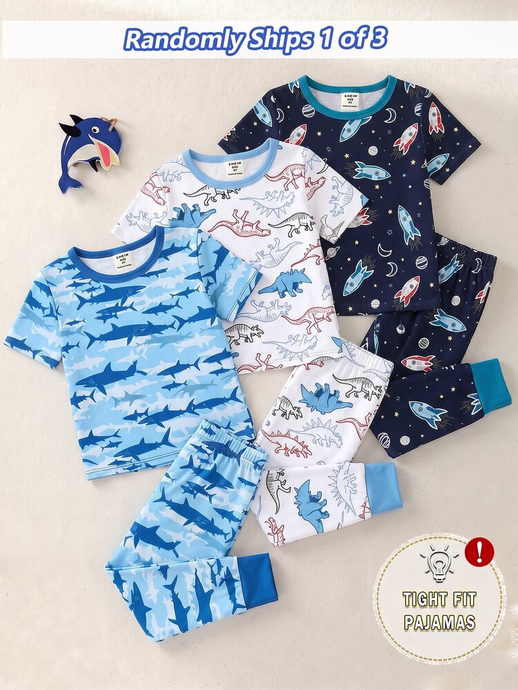 [Randomly Sent 1 Set] Boys' Spring/Summer New Fashion Short Sleeve Long Pants Tight Pajamas, Cartoon Dinosaur, Sci-Fi Dazzling Universe Rocket, Fierce Shark Pattern Print, Knitted Fabric, Comfortable And Soft, Short Sleeve Long Pants Loungewear Pajamas - Multicolor - View 1