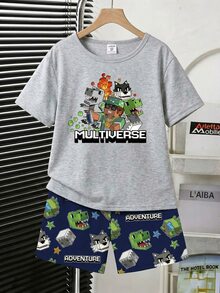 2件套青少年男童时尚简约方形恐龙游戏元素印花优雅纯灰色短裤和短袖休闲宽松家居服套装，适合室内外穿着 - 彩色 - 查看 5