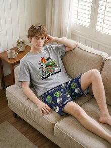 2件套青少年男童时尚简约方形恐龙游戏元素印花优雅纯灰色短裤和短袖休闲宽松家居服套装，适合室内外穿着 - 彩色 - 查看 1