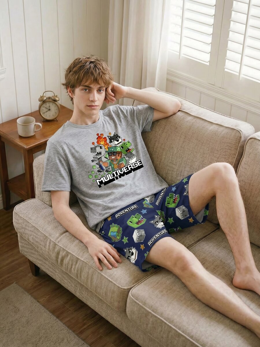 2件套青少年男童时尚简约方形恐龙游戏元素印花优雅纯灰色短裤和短袖休闲宽松家居服套装，适合室内外穿着 - 彩色 - 查看 1
