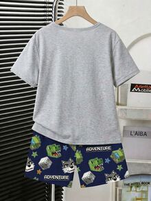 2件套青少年男童时尚简约方形恐龙游戏元素印花优雅纯灰色短裤和短袖休闲宽松家居服套装，适合室内外穿着 - 彩色 - 查看 2