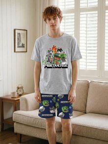 2件套青少年男童时尚简约方形恐龙游戏元素印花优雅纯灰色短裤和短袖休闲宽松家居服套装，适合室内外穿着 - 彩色 - 查看 3
