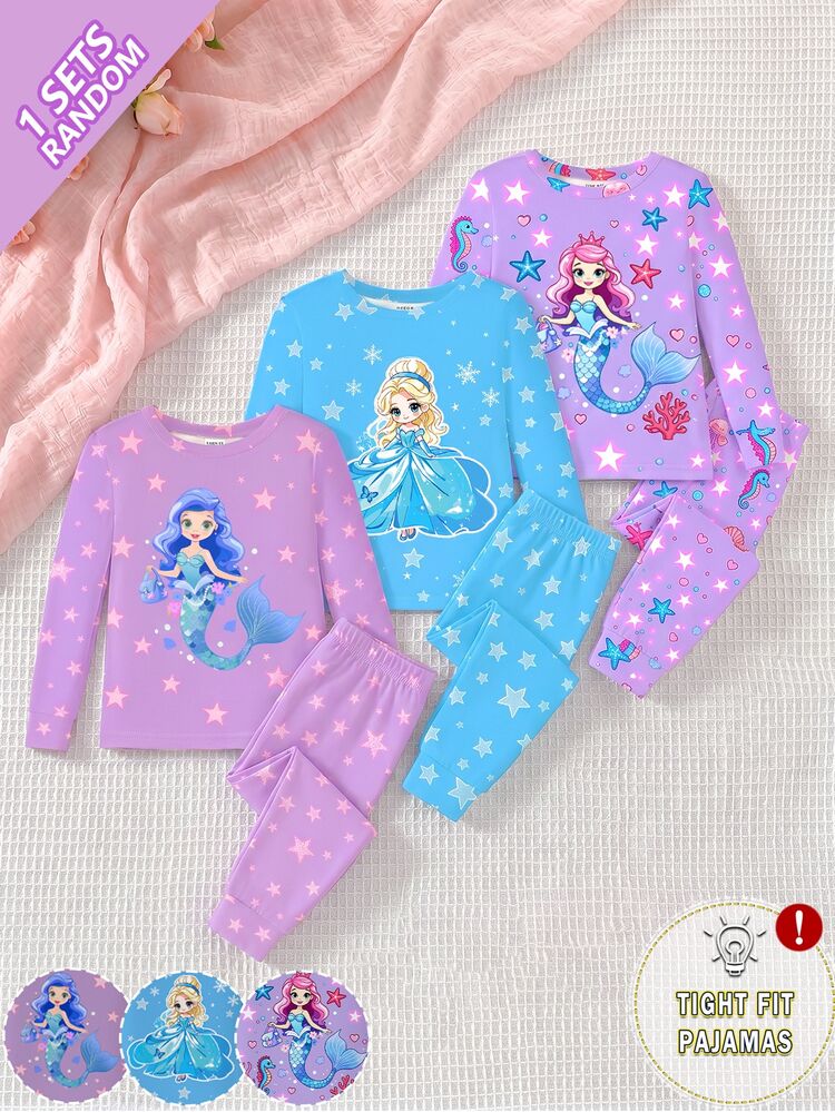 [Randomly Sent 1 Set]Girls' Spring/Autumn Pajama Set, Sweet Princess Cartoon Print, Light Purple & Blue Fresh Color, Knitted Fabric, Comfortable Soft High Elasticity Slim Fit, UV Light Glow-In-The-Dark, Round Neck Long Sleeve Long Pants 2-Piece Set, Loungewear Pajamas - Multicolor - View 4