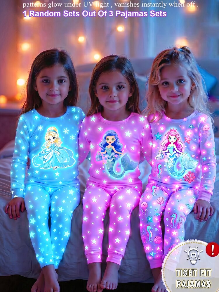 [Randomly Sent 1 Set]Girls' Spring/Autumn Pajama Set, Sweet Princess Cartoon Print, Light Purple & Blue Fresh Color, Knitted Fabric, Comfortable Soft High Elasticity Slim Fit, UV Light Glow-In-The-Dark, Round Neck Long Sleeve Long Pants 2-Piece Set, Loungewear Pajamas - Multicolor - View 5