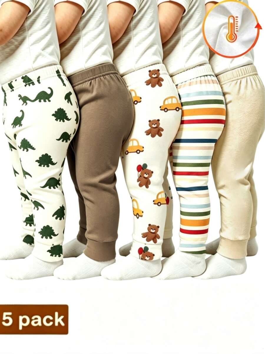 SHEIN 5件組男嬰幼兒抓絨內裡慢跑褲 秋季寬鬆鬆緊腰休閒長褲 恐龍熊印花 條紋 素色 米色咖啡色