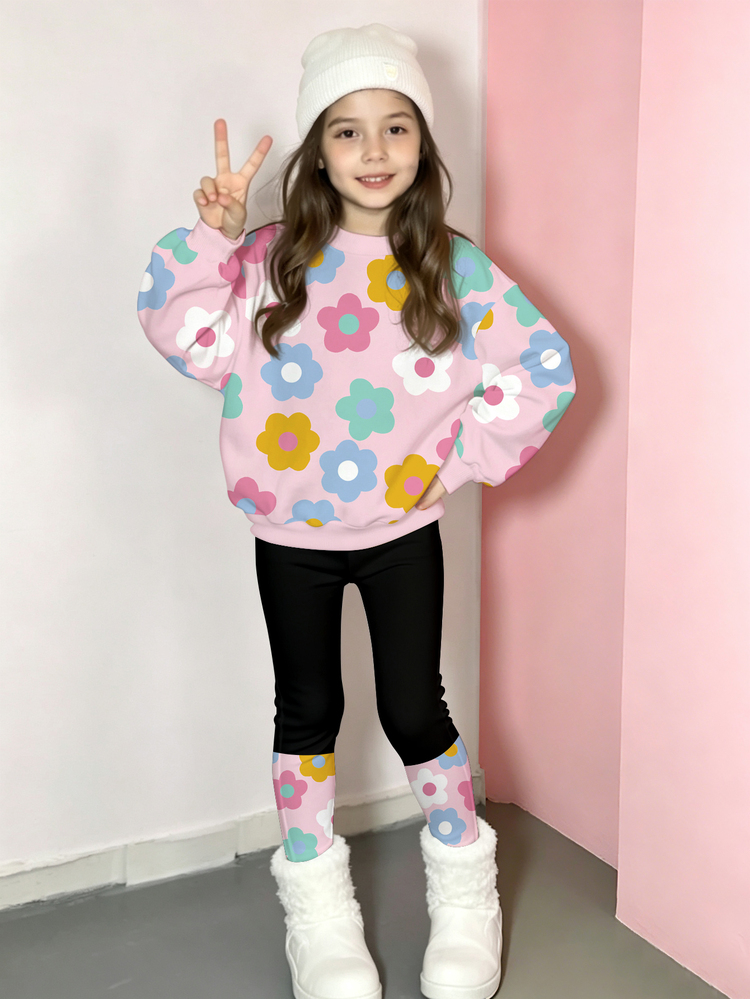 1 Set Girls Floral Print Sweatshirt And Leggings Outfit, Fashionable And Sweet, Versatile For Autumn/Winter Casual Wear - Multicolor - View 4