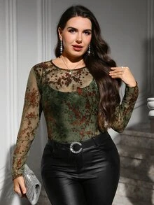 SHEIN Clasi 大尺碼女款植絨網紗圓領長袖上衣 - 綠色 - 查看 8