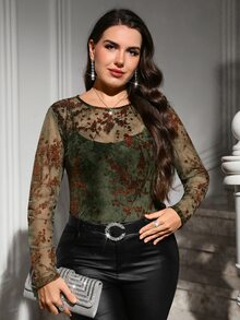 SHEIN Clasi 大尺碼女款植絨網紗圓領長袖上衣 - 綠色 - 查看 7