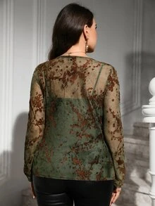 SHEIN Clasi 大尺碼女款植絨網紗圓領長袖上衣 - 綠色 - 查看 3