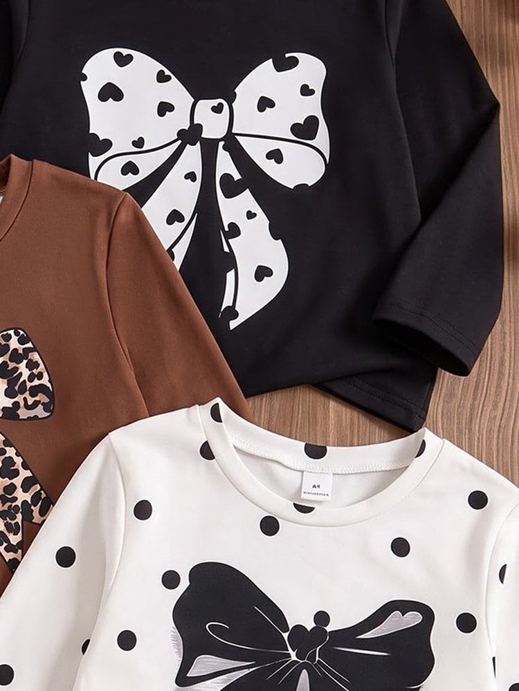 3pcs Young Girls Bow Pattern Printed Casual Versatile Round Neck T-Shirts, Suitable For Daily Wear, Comfortable And Relaxed - Multicolor - View 7