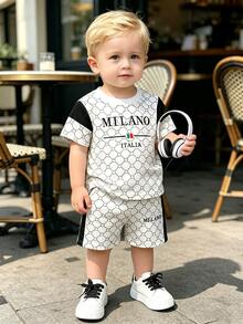 SHEIN Casual Classic Black Contrast Patchwork MILANO, ITALIA Letter Print All-Over Monogram Crew Neck T-Shirt And Matching Side Contrast Stripe Shorts Set - Multicolor - View 4
