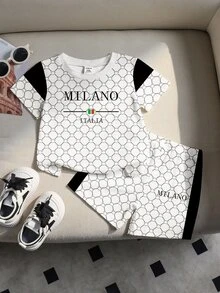 SHEIN Casual Classic Black Contrast Patchwork MILANO, ITALIA Letter Print All-Over Monogram Crew Neck T-Shirt And Matching Side Contrast Stripe Shorts Set - Multicolor - View 2