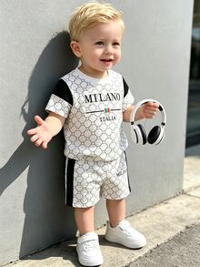 SHEIN Casual Classic Black Contrast Patchwork MILANO, ITALIA Letter Print All-Over Monogram Crew Neck T-Shirt And Matching Side Contrast Stripe Shorts Set - Multicolor - View 5