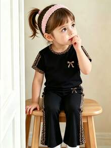 SHEIN 2pcs/Set Baby Girl Vintage Cute Cool Style Leopard Print Bow Contrast Color Short Sleeve Top + Patchwork Flared Pants Set, Family Matching Black - Multicolor - View 5