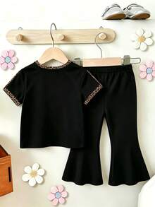 SHEIN 2pcs/Set Baby Girl Vintage Cute Cool Style Leopard Print Bow Contrast Color Short Sleeve Top + Patchwork Flared Pants Set, Family Matching Black - Multicolor - View 3