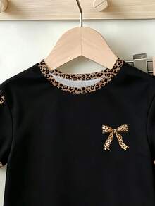 SHEIN 2pcs/Set Baby Girl Vintage Cute Cool Style Leopard Print Bow Contrast Color Short Sleeve Top + Patchwork Flared Pants Set, Family Matching Black - Multicolor - View 4