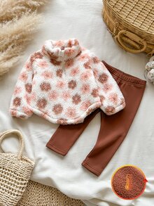 SHEIN 女嬰秋冬加厚毛絨拉鍊刺繡上衣與修身黑色長褲套裝，適合戶外活動與休閒穿著 - 棕色 - 查看 5
