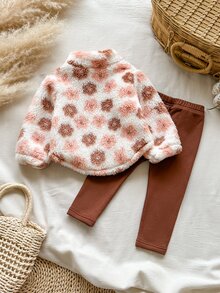 SHEIN 女嬰秋冬加厚毛絨拉鍊刺繡上衣與修身黑色長褲套裝，適合戶外活動與休閒穿著 - 棕色 - 查看 3