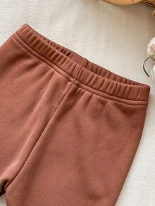 SHEIN 女嬰秋冬加厚毛絨拉鍊刺繡上衣與修身黑色長褲套裝，適合戶外活動與休閒穿著 - 棕色 - 查看 8