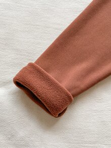 SHEIN 女嬰秋冬加厚毛絨拉鍊刺繡上衣與修身黑色長褲套裝，適合戶外活動與休閒穿著 - 棕色 - 查看 10