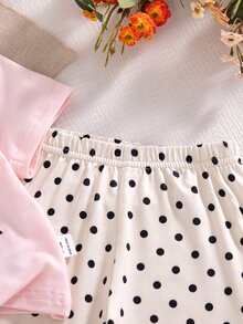 SHEIN Playful Pals 女嬰夏季套裝 粉色蝴蝶結短袖上衣 + 棕色波點長褲 2件套 - 粉色 - 查看 7