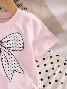 SHEIN Playful Pals 女嬰夏季套裝 粉色蝴蝶結短袖上衣 + 棕色波點長褲 2件套 - 粉色 - 查看 10