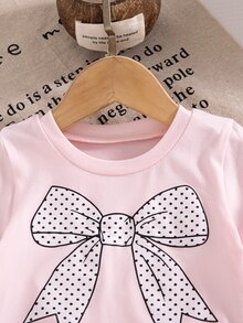 SHEIN Playful Pals 女嬰夏季套裝 粉色蝴蝶結短袖上衣 + 棕色波點長褲 2件套 - 粉色 - 查看 12