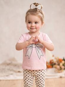 SHEIN Playful Pals 女嬰夏季套裝 粉色蝴蝶結短袖上衣 + 棕色波點長褲 2件套 - 粉色 - 查看 5