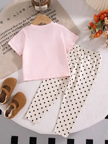 SHEIN Playful Pals 女嬰夏季套裝 粉色蝴蝶結短袖上衣 + 棕色波點長褲 2件套 - 粉色 - 查看 6