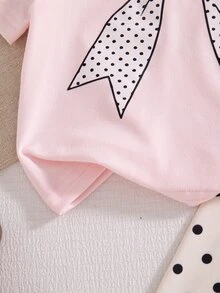 SHEIN Playful Pals 女嬰夏季套裝 粉色蝴蝶結短袖上衣 + 棕色波點長褲 2件套 - 粉色 - 查看 8