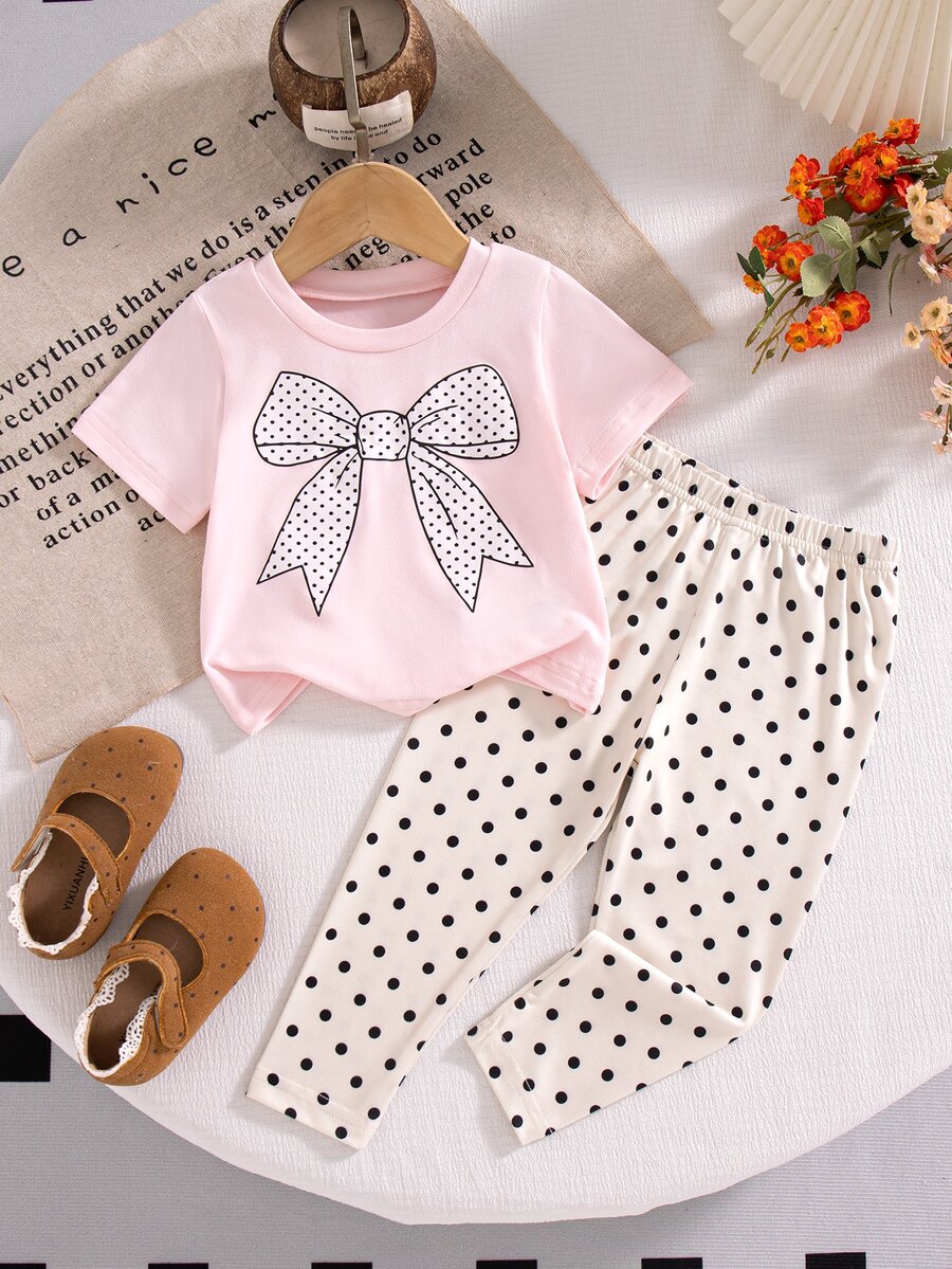 SHEIN Playful Pals 女嬰夏季套裝 粉色蝴蝶結短袖上衣 + 棕色波點長褲 2件套 - 粉色 - 查看 1