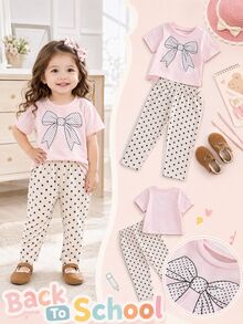 SHEIN Playful Pals 女嬰夏季套裝 粉色蝴蝶結短袖上衣 + 棕色波點長褲 2件套 - 粉色 - 查看 2