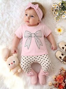 SHEIN Playful Pals 女嬰夏季套裝 粉色蝴蝶結短袖上衣 + 棕色波點長褲 2件套 - 粉色 - 查看 3