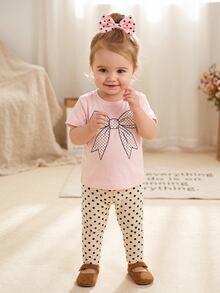 SHEIN Playful Pals 女嬰夏季套裝 粉色蝴蝶結短袖上衣 + 棕色波點長褲 2件套 - 粉色 - 查看 4