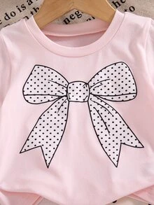 SHEIN Playful Pals 女嬰夏季套裝 粉色蝴蝶結短袖上衣 + 棕色波點長褲 2件套 - 粉色 - 查看 11