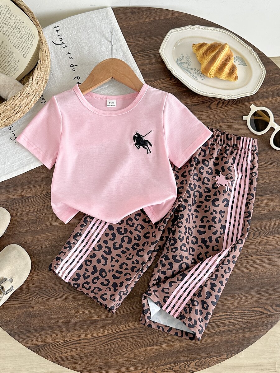 SHEIN 2件組女嬰百搭休閒時尚純色刺繡短袖T恤與豹紋長褲套裝,適合春夏、室內/戶外、度假、旅行、返校、日常穿著 - 粉色 - 查看 1