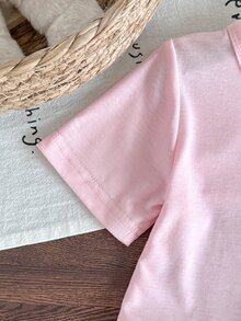SHEIN 2件組女嬰百搭休閒時尚純色刺繡短袖T恤與豹紋長褲套裝，適合春夏、室內/戶外、度假、旅行、返校、日常穿著 - 粉色 - 查看 4