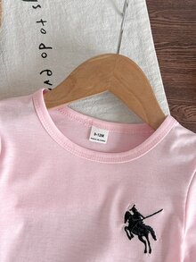 SHEIN 2件組女嬰百搭休閒時尚純色刺繡短袖T恤與豹紋長褲套裝，適合春夏、室內/戶外、度假、旅行、返校、日常穿著 - 粉色 - 查看 5