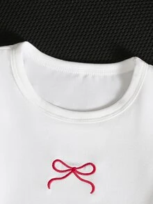 SHEIN 2件組女嬰幼兒/新生兒0-3歲可愛休閒外出條紋蝴蝶結3D蝴蝶結T恤+條紋長褲套裝，莫蘭迪藍嬰兒春夏季服飾 - 紅色 - 查看 9