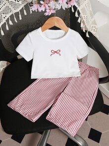 SHEIN 2件組女嬰幼兒/新生兒0-3歲可愛休閒外出條紋蝴蝶結3D蝴蝶結T恤+條紋長褲套裝，莫蘭迪藍嬰兒春夏季服飾 - 紅色 - 查看 10