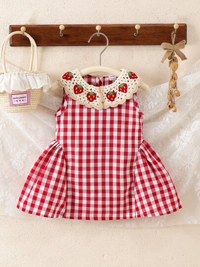 SHEIN Baby Girls Summer Red Plaid Tank Dress, Peter Pan Collar, Cute Minimalist Versatile Style, Suitable For Baby Girls Summer Casual Outdoor Play, Vacation, Daily Comfortable Wear
